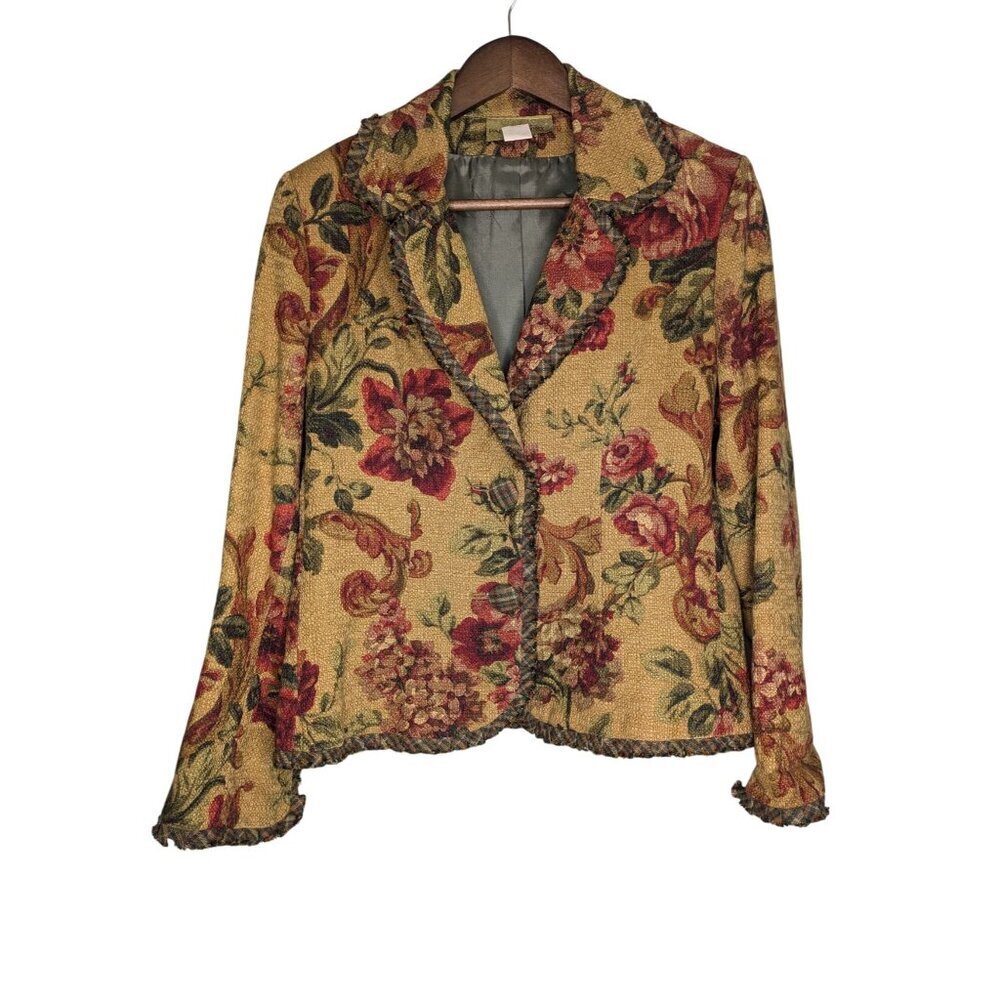 Vintage Painted Pony Womens Floral Tapestry Blazer Jacket Medium Tan Red Ruffle